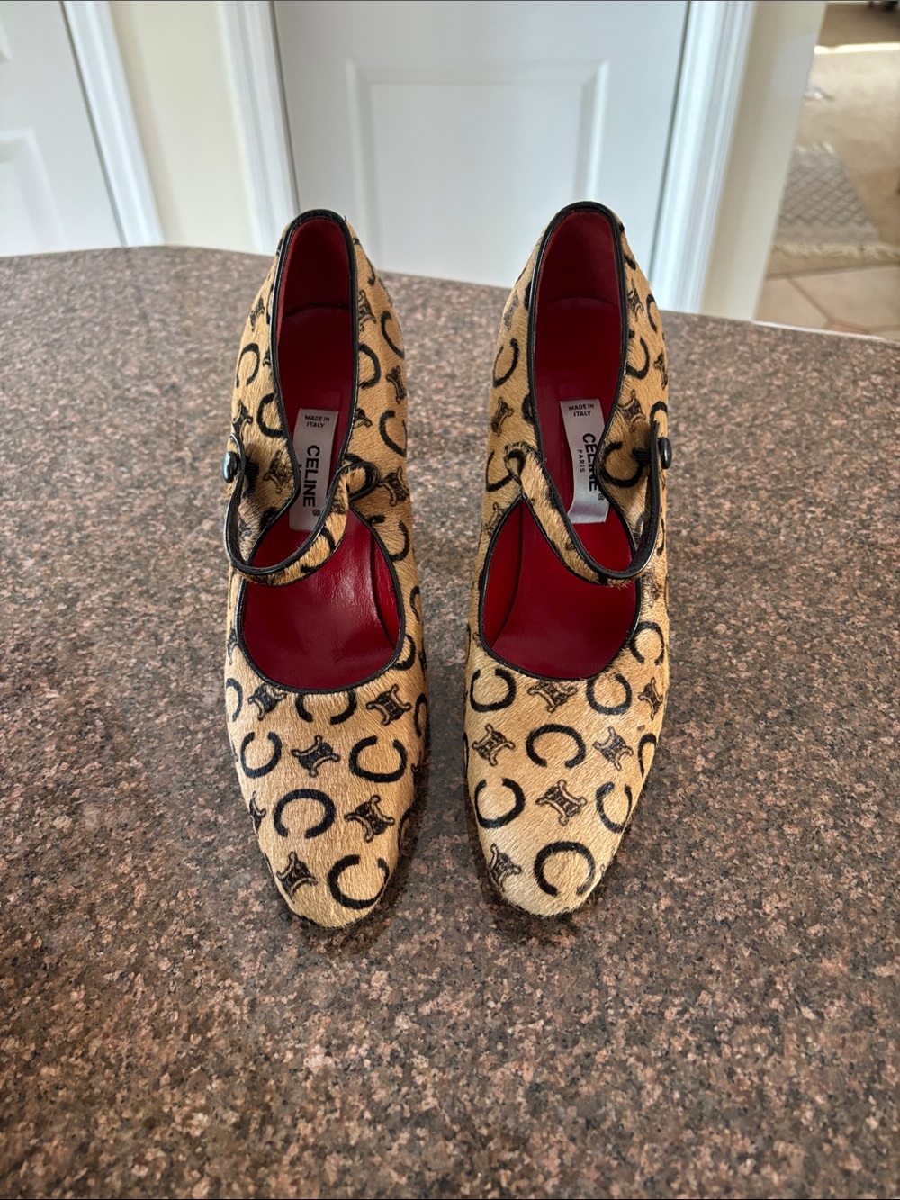 Celine Paris Ladies Tan Logo-Print Pony hair Red Interior Mary Jane Heels-5 - Picture 2 of 9
